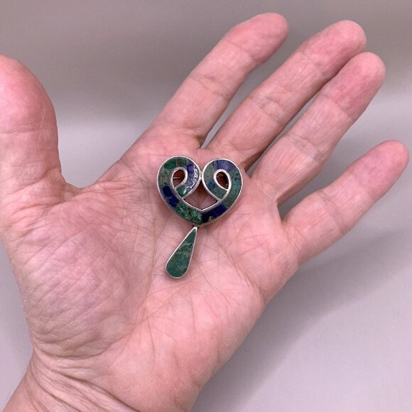 TAXCO Los Castillo Mexico Eagle 15 Heart Azteca 207 Brooch Malachite Chrysocolla - Picture 5 of 12